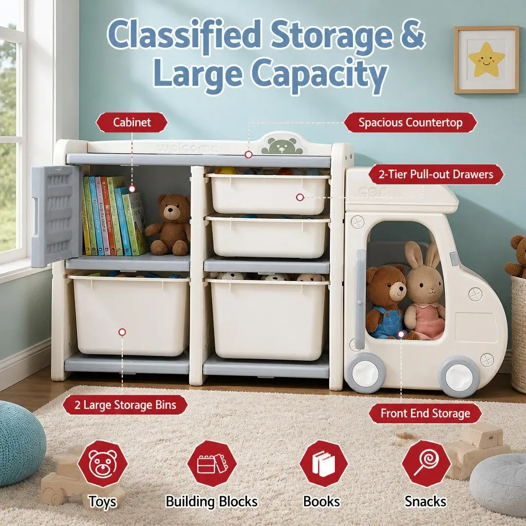 Car Shaped Kids Toy Storage Organizer White Grey with Removable Bins Drawers Cabinet