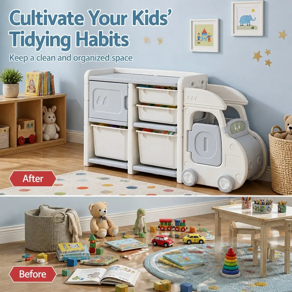 Car Shaped Kids Toy Storage Organizer White Grey with Removable Bins Drawers Cabinet