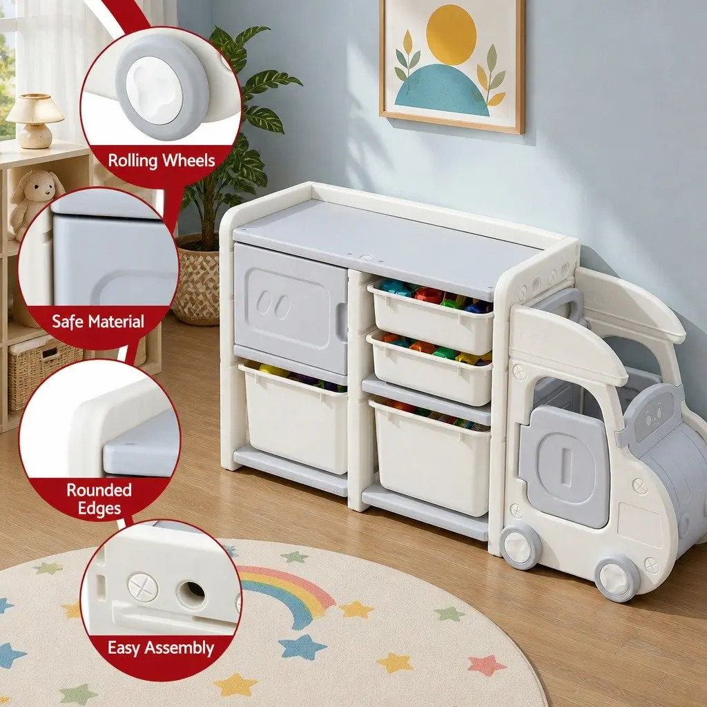 Car Shaped Kids Toy Storage Organizer White Grey with Removable Bins Drawers Cabinet