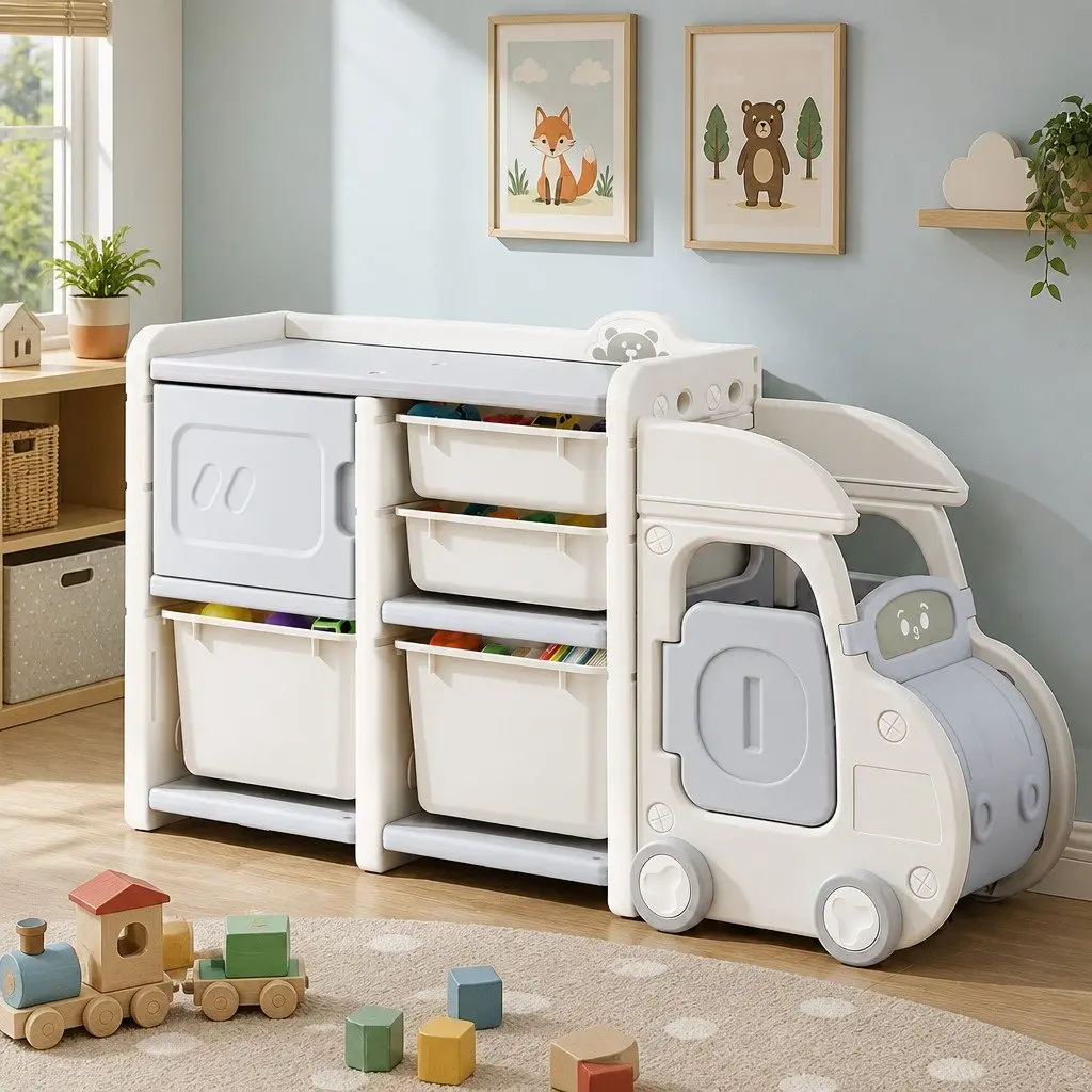 Car Shaped Kids Toy Storage Organizer White Grey with Removable Bins Drawers Cabinet