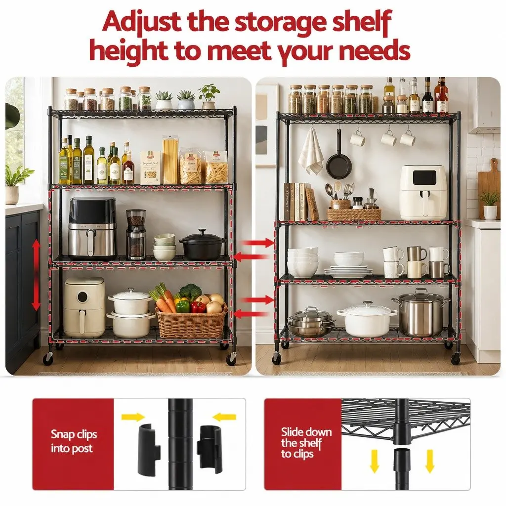 4-Tier Metal Kitchen Rack Black Adjustable Shelving with Wheels