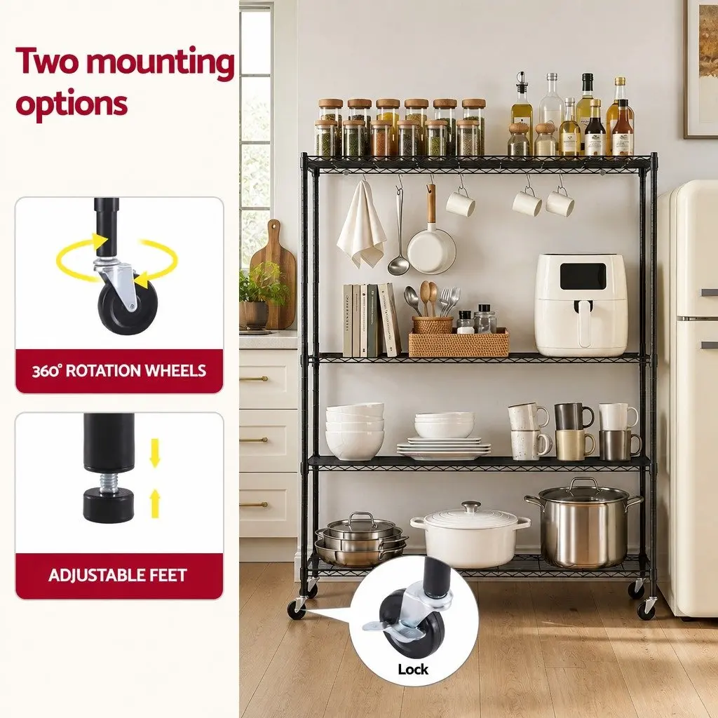 4-Tier Metal Kitchen Rack Black Adjustable Shelving with Wheels