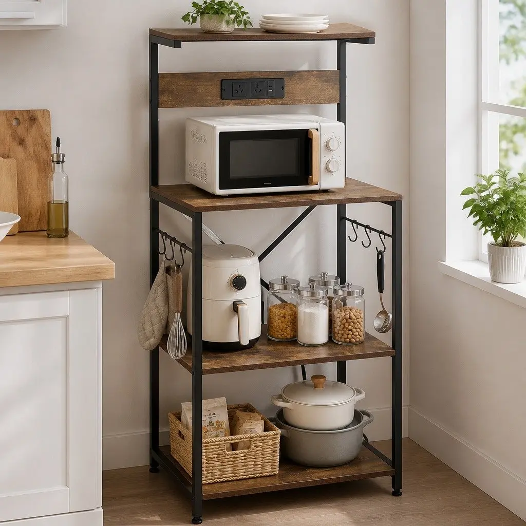 4-Tier Kitchen Storage Rack Brown with 2 Power Outlets and 6 Hooks