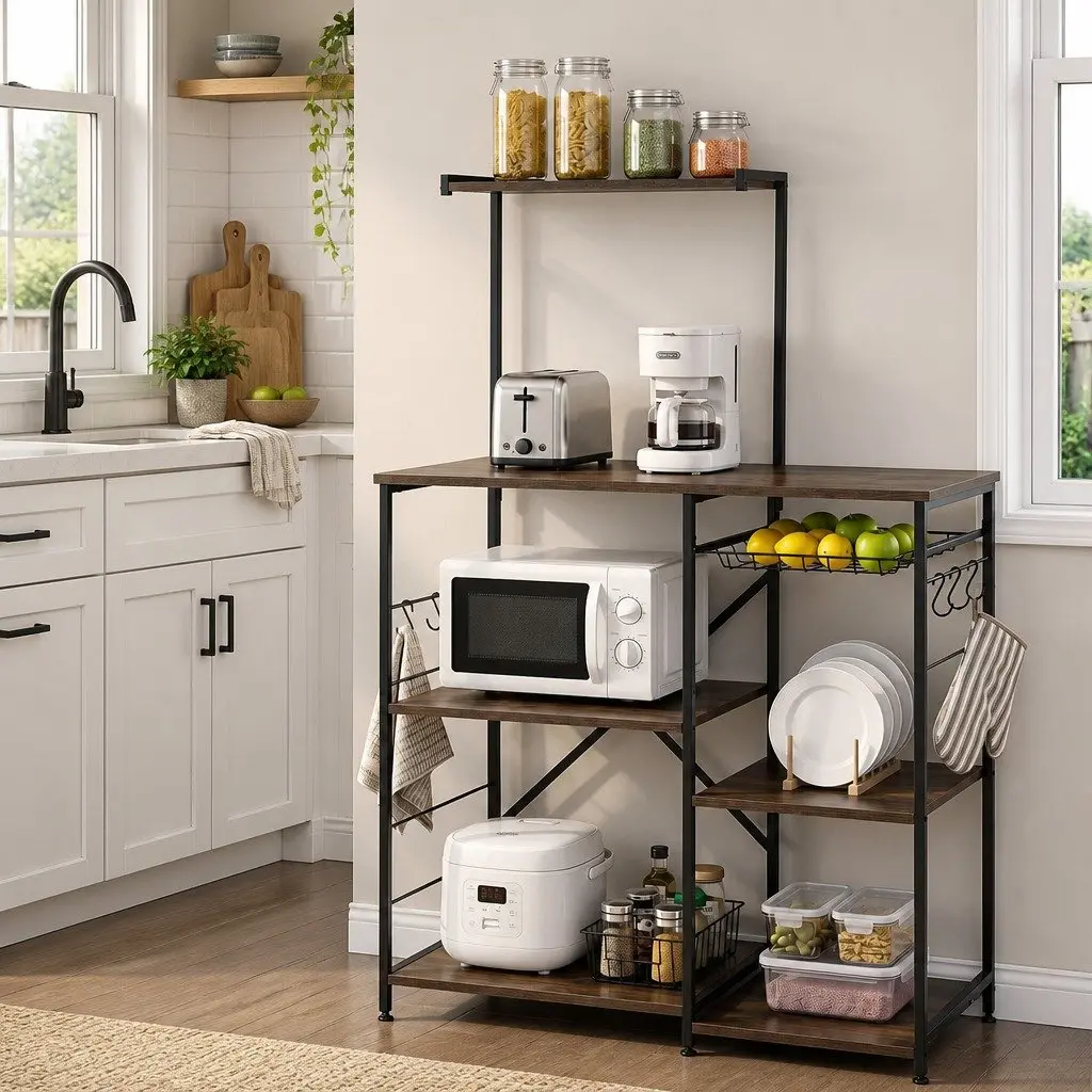 4-Tier Kitchen Storage Rack with Pull Out Basket 6 Hooks Microwave Shelf Brown