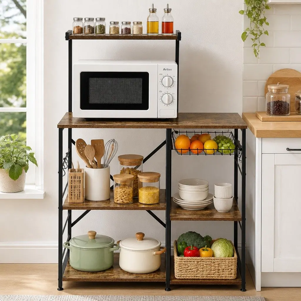 4-Tier Kitchen Storage Rack Brown with Pull Out Basket and 6 Hooks