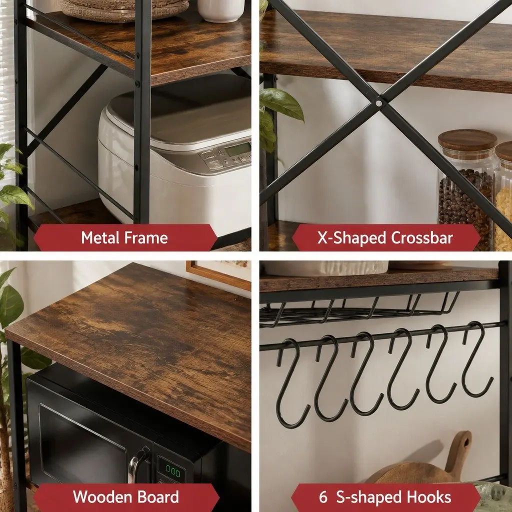 4-Tier Kitchen Storage Rack Brown with Pull Out Basket and 6 Hooks