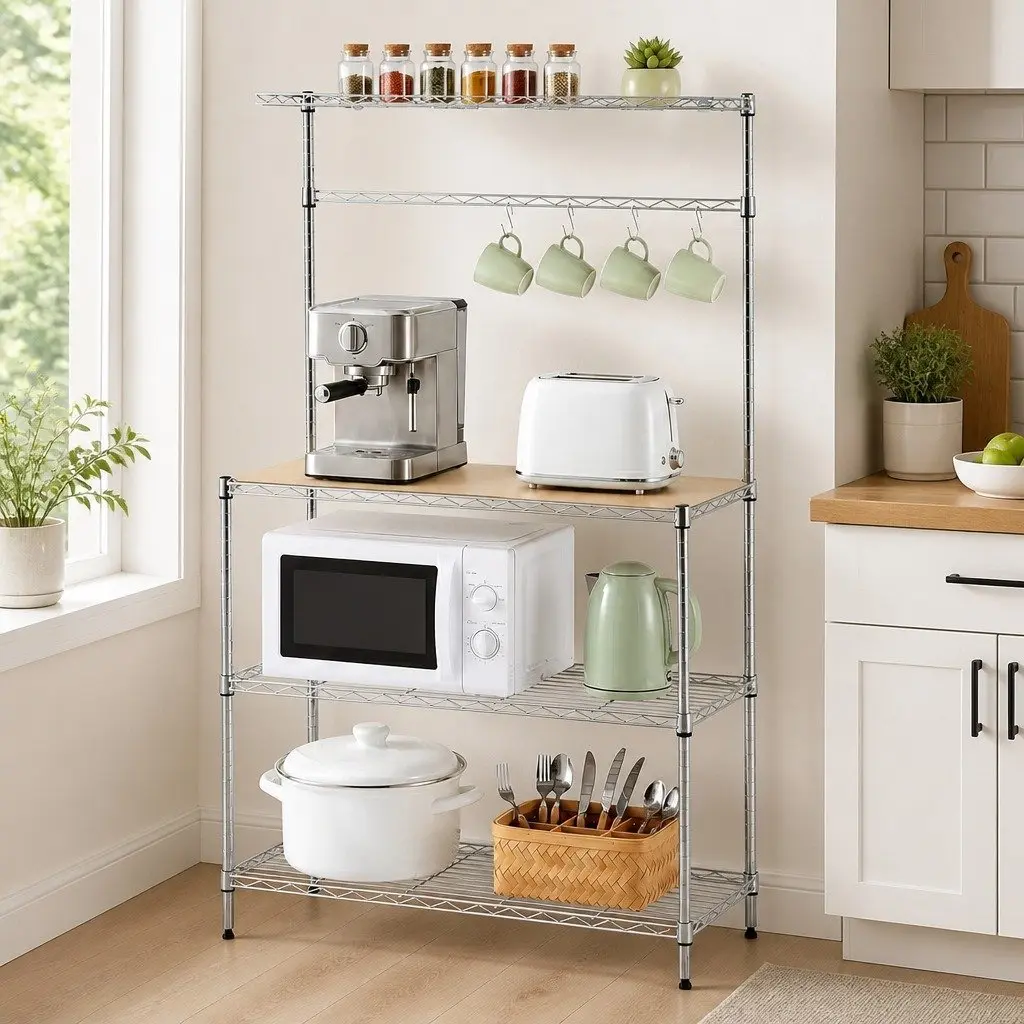 4-Tier Metal Kitchen Shelf Rack Silver Compact Storage Organizer