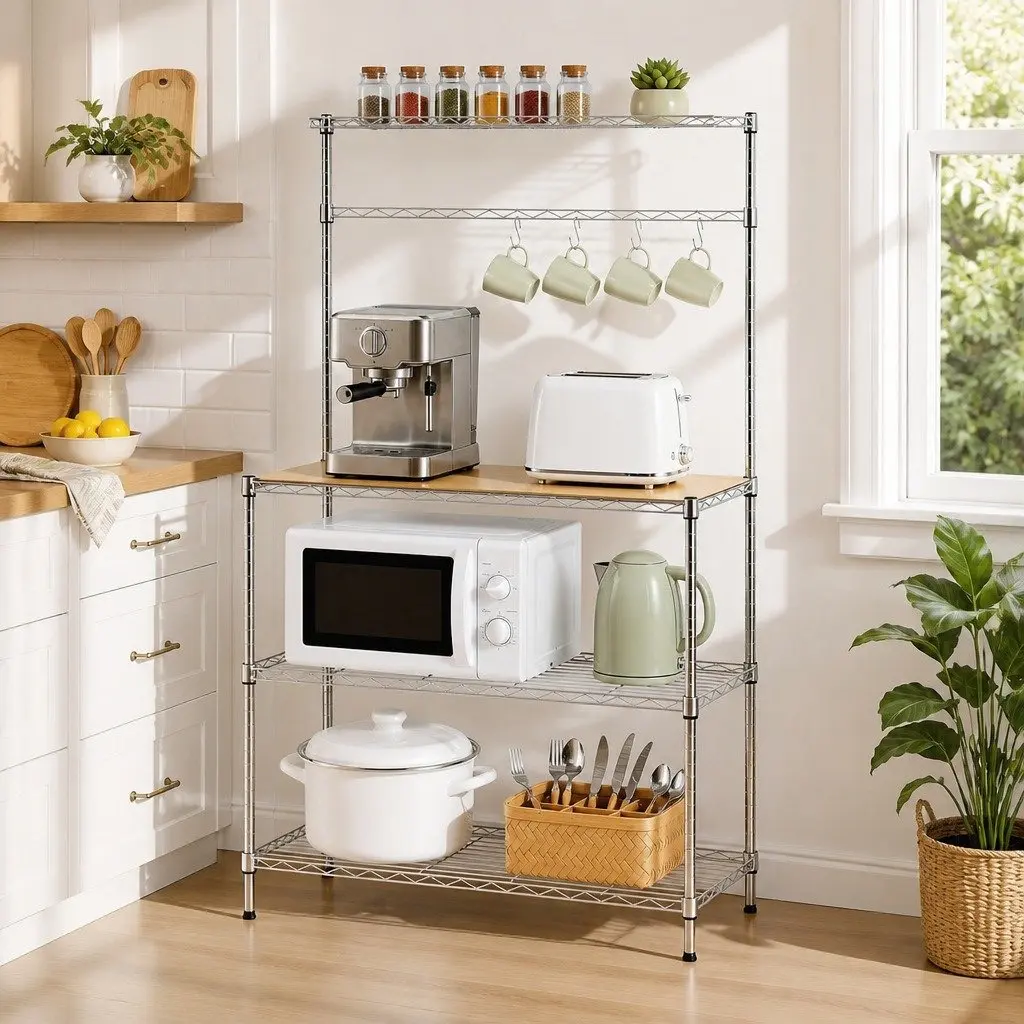 4-Tier Metal Kitchen Shelf Rack Silver Compact Storage Organizer