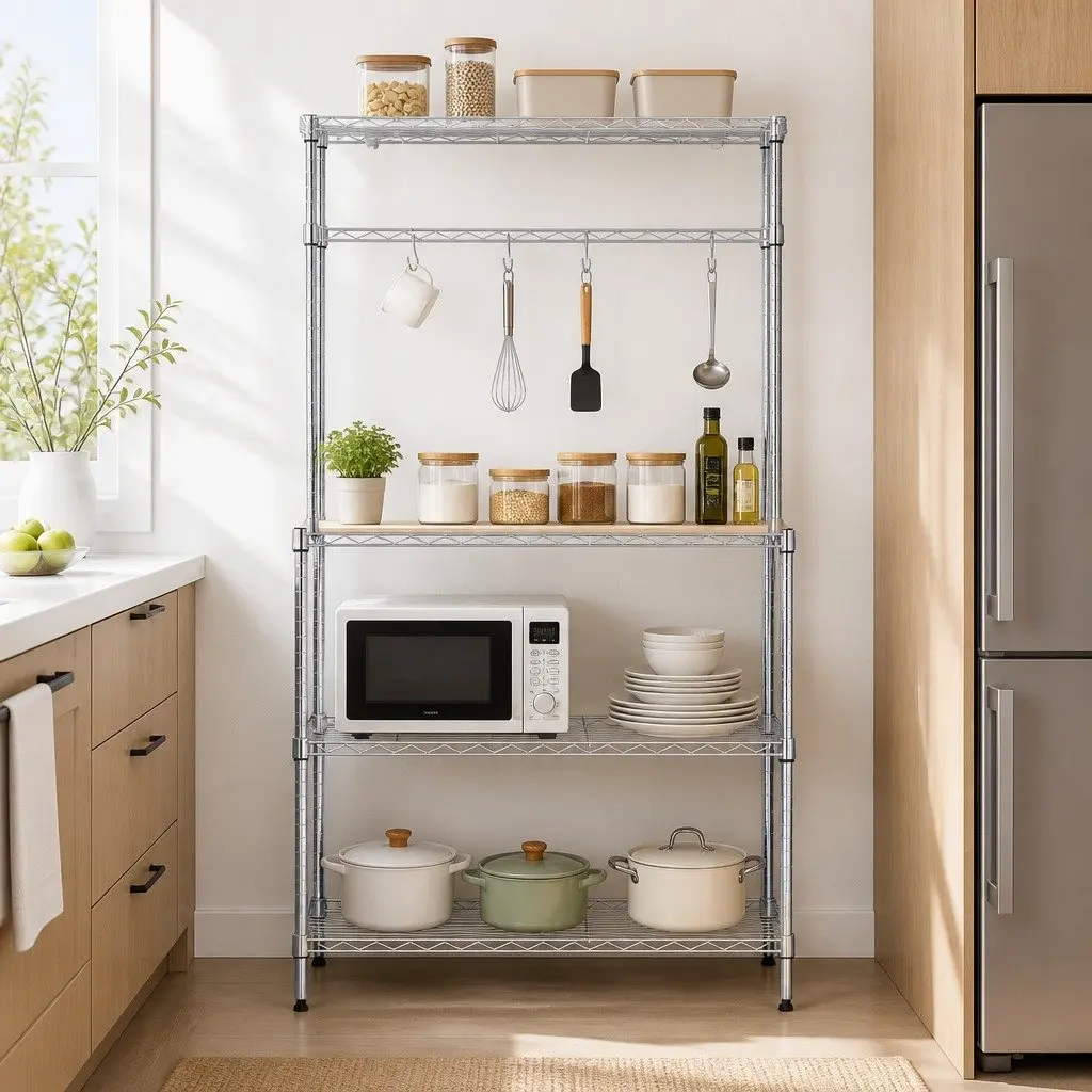 4-Tier Metal Kitchen Shelf Rack Silver Compact Storage Organizer