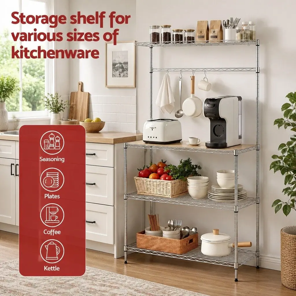 4-Tier Metal Kitchen Shelf Rack Silver Compact Storage Organizer