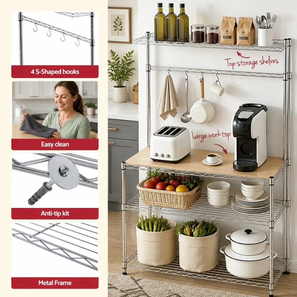 4-Tier Metal Kitchen Shelf Rack Silver Compact Storage Organizer