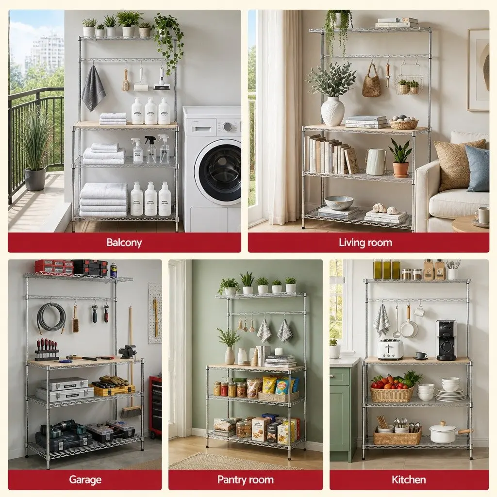 4-Tier Metal Kitchen Shelf Rack Silver Compact Storage Organizer
