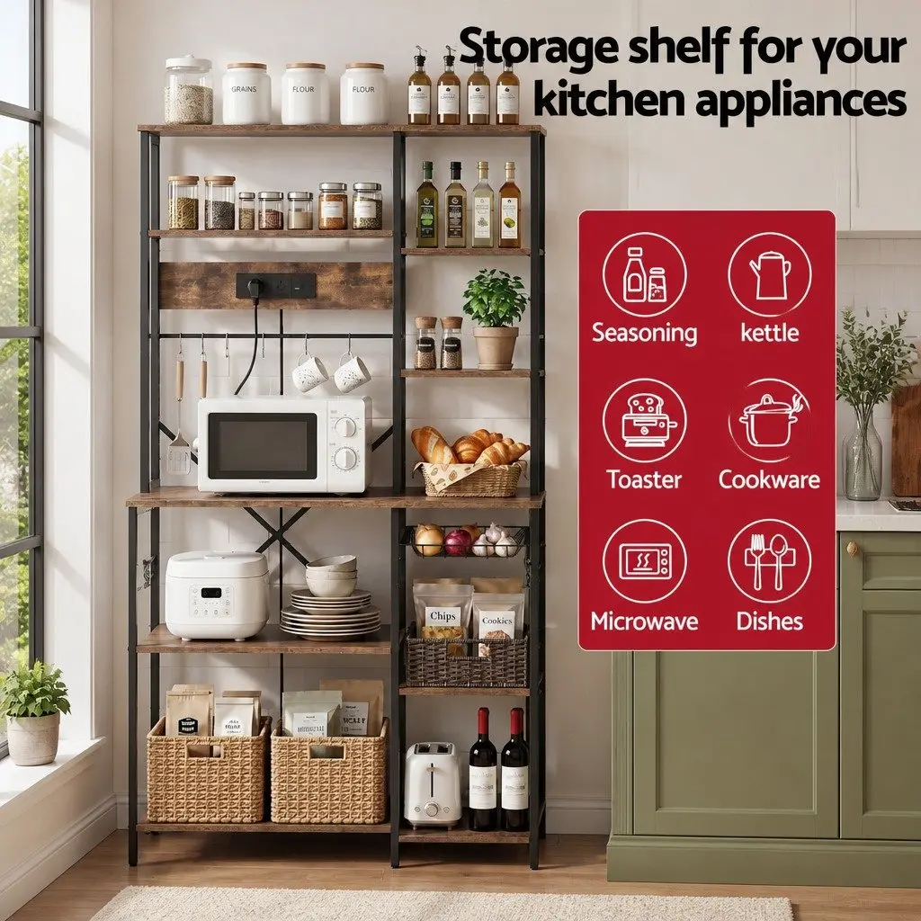 Kitchen Storage Rack Brown 96CM x 170CM Multi-Tier with Power Outlets Hooks and Pull-Out Basket