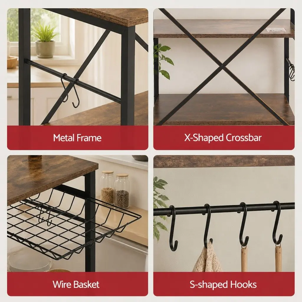 Kitchen Storage Rack Brown 96CM x 170CM Multi-Tier with Power Outlets Hooks and Pull-Out Basket