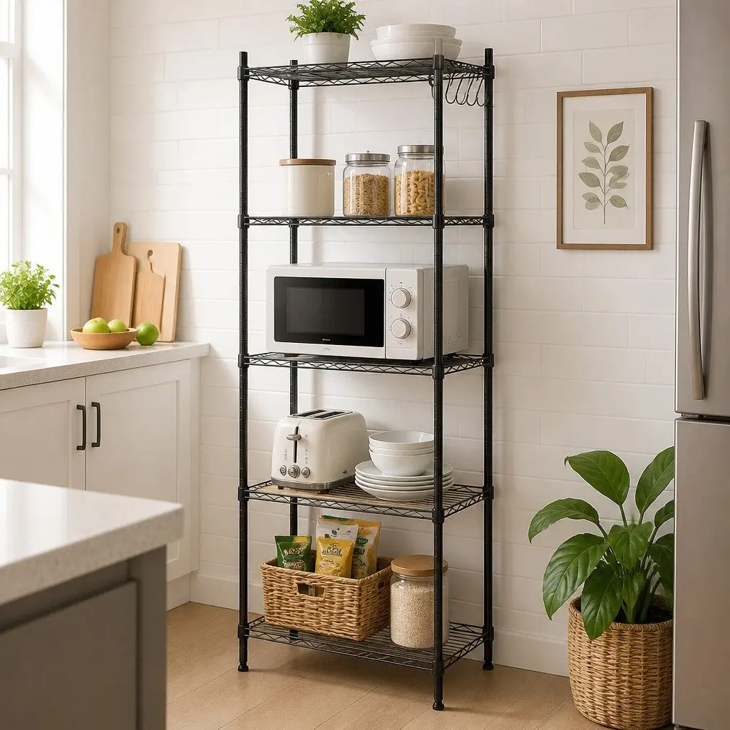 5-Tier Metal Kitchen Shelf Storage Rack Black Adjustable Shelving Unit