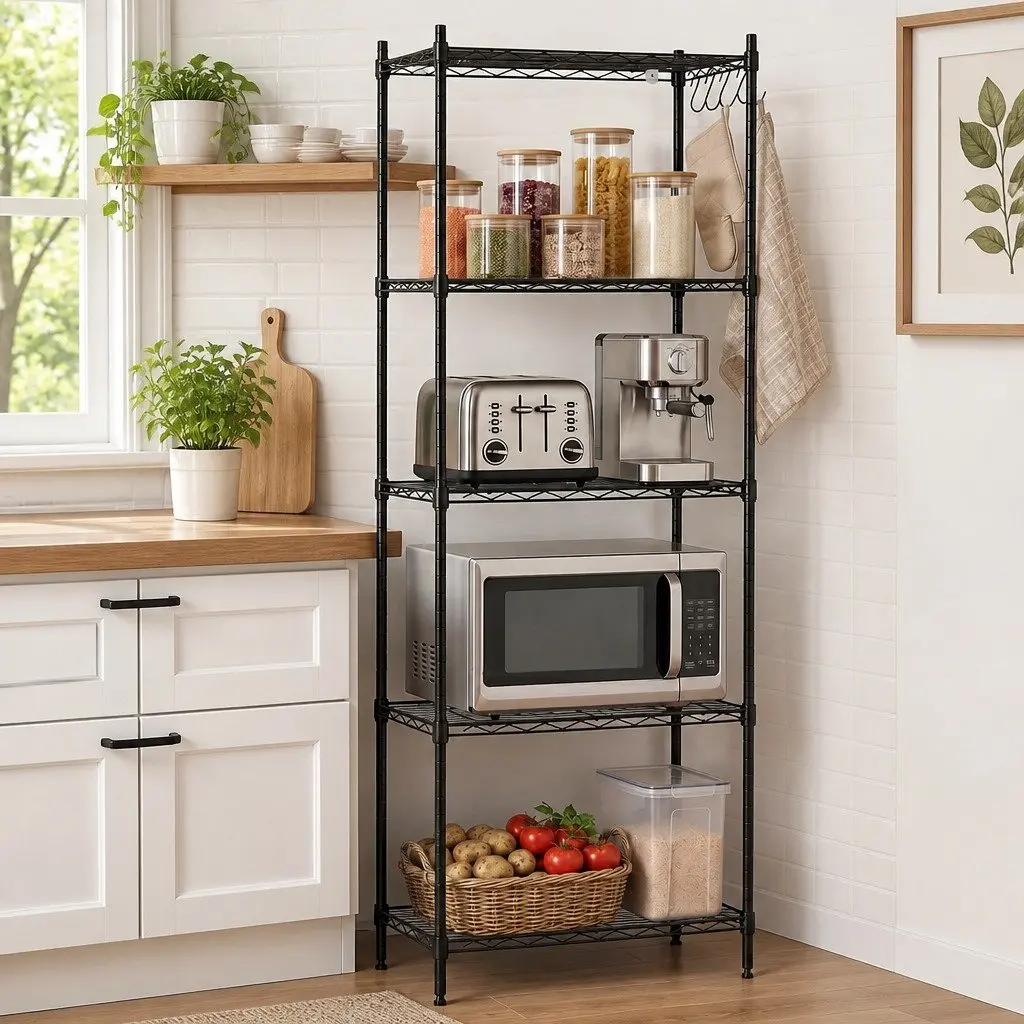 5-Tier Metal Kitchen Shelf Storage Rack Black Adjustable Shelving Unit