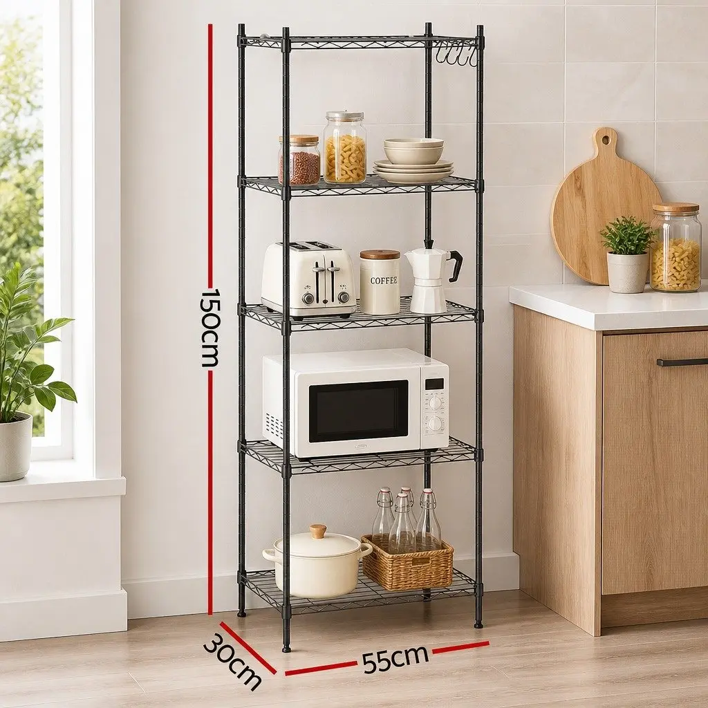 5-Tier Metal Kitchen Shelf Storage Rack Black Adjustable Shelving Unit