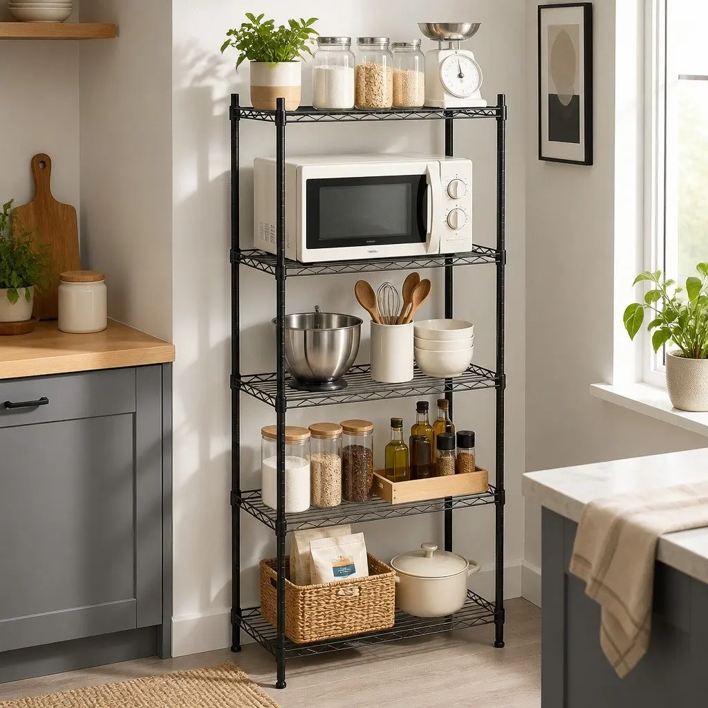 5-Tier Metal Kitchen Shelf Storage Rack Black Adjustable Shelving Unit