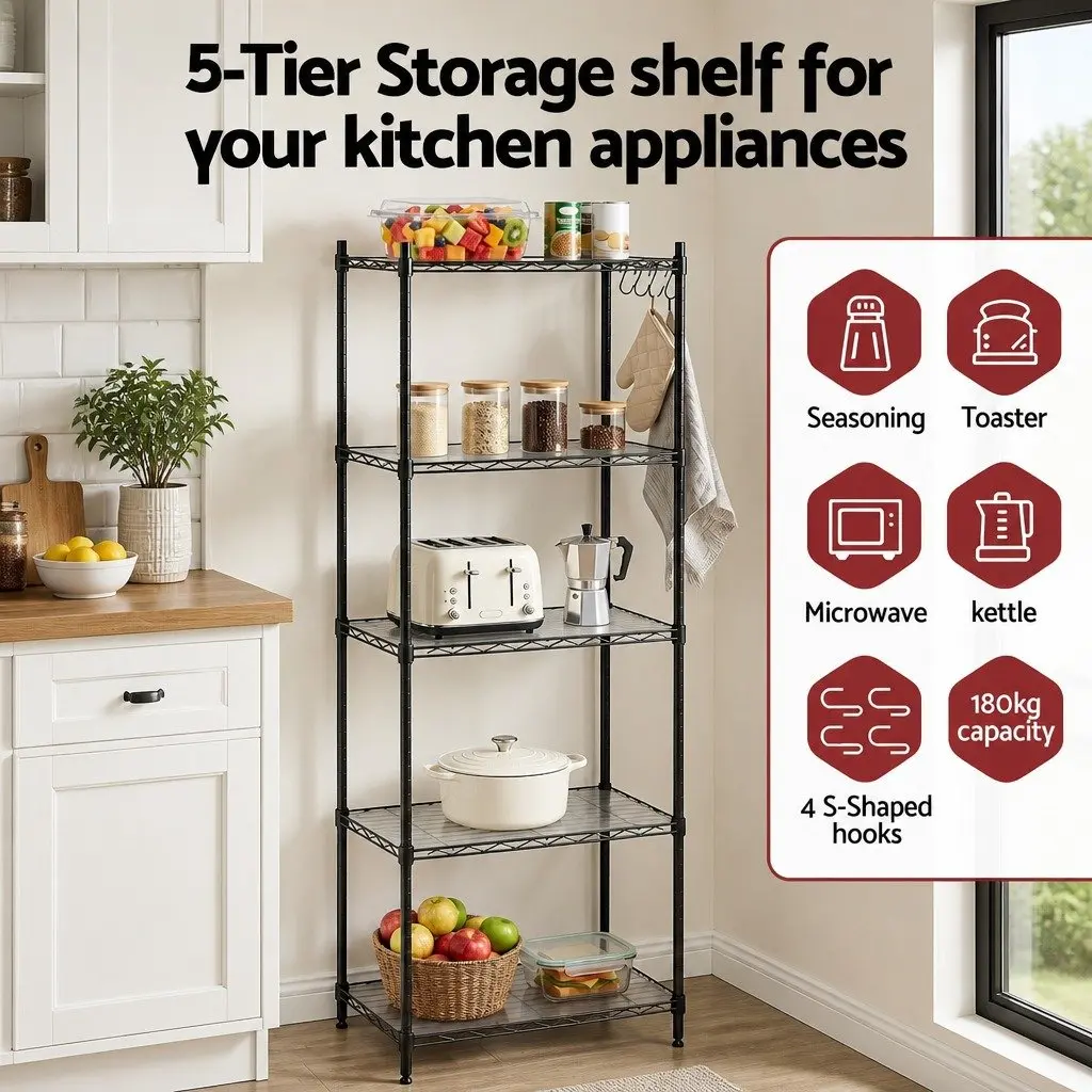 5-Tier Metal Kitchen Shelf Storage Rack Black Adjustable Shelving Unit