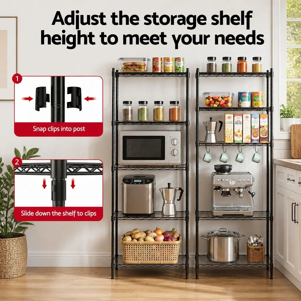 5-Tier Metal Kitchen Shelf Storage Rack Black Adjustable Shelving Unit