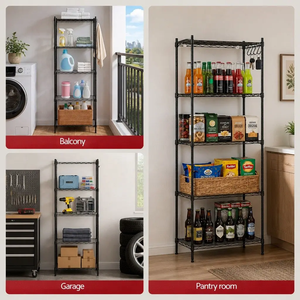 5-Tier Metal Kitchen Shelf Storage Rack Black Adjustable Shelving Unit