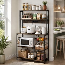 5-Tier Kitchen Storage Rack with Power Outlets Microwave Shelf Unit Brown