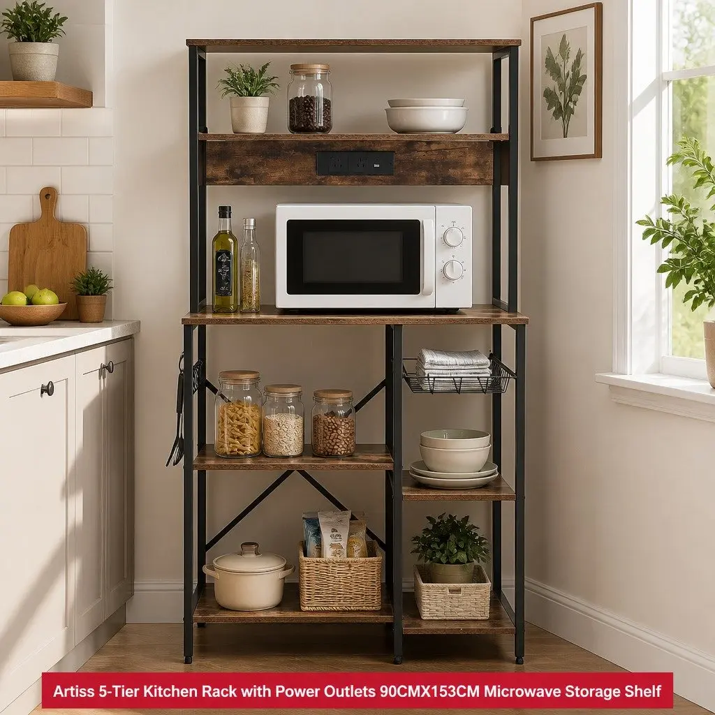 5-Tier Kitchen Storage Rack Brown Metal Frame Microwave Shelf Unit with Power Outlets