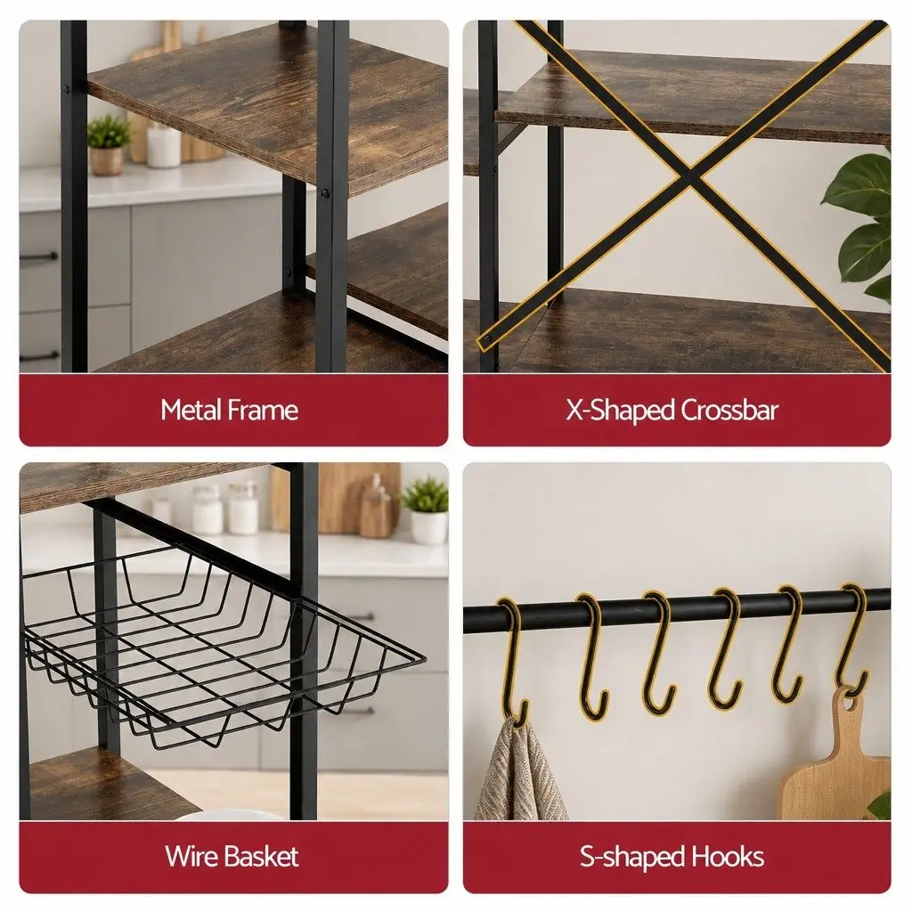 5-Tier Kitchen Storage Rack Brown Metal Frame Microwave Shelf Unit with Power Outlets