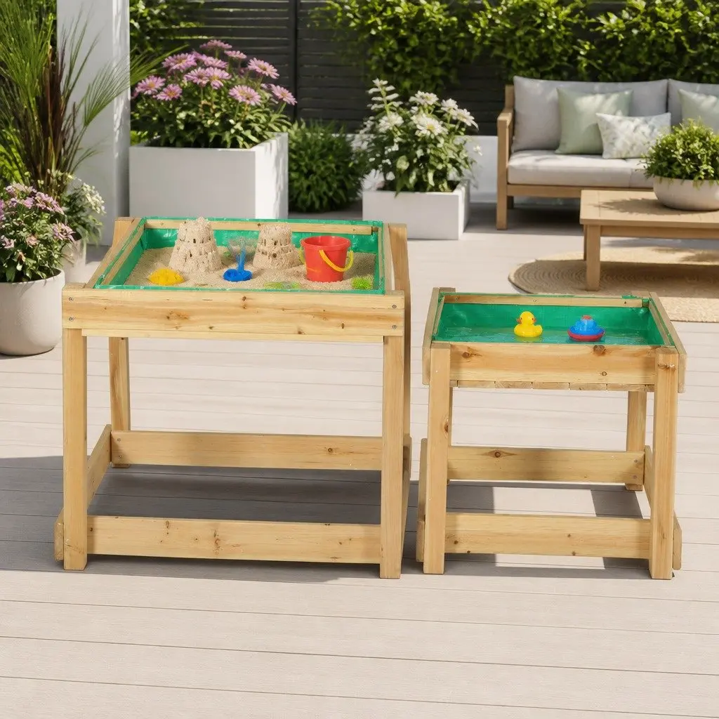 Kids Wooden Sandbox Water Table Natural Wood 101cm 2-in-1 Outdoor Play Set