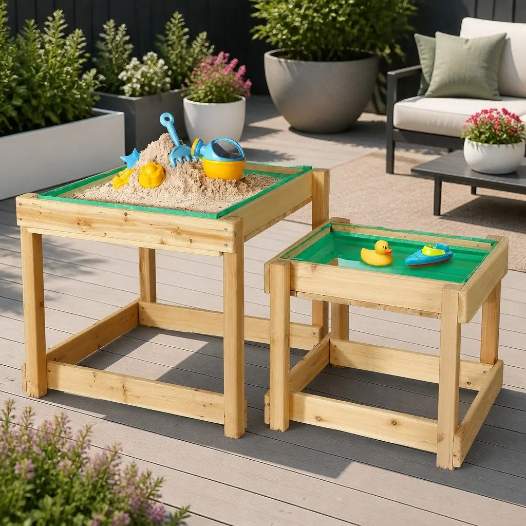 Kids Wooden Sandbox Water Table Natural Wood 101cm 2-in-1 Outdoor Play Set