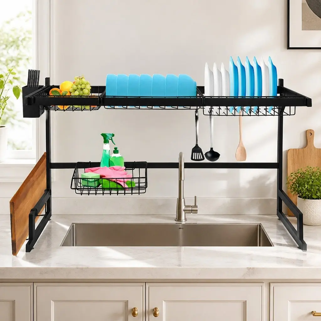 Dish Drying Rack Black 85cm Stainless Steel 2-Tier Kitchen Organizer