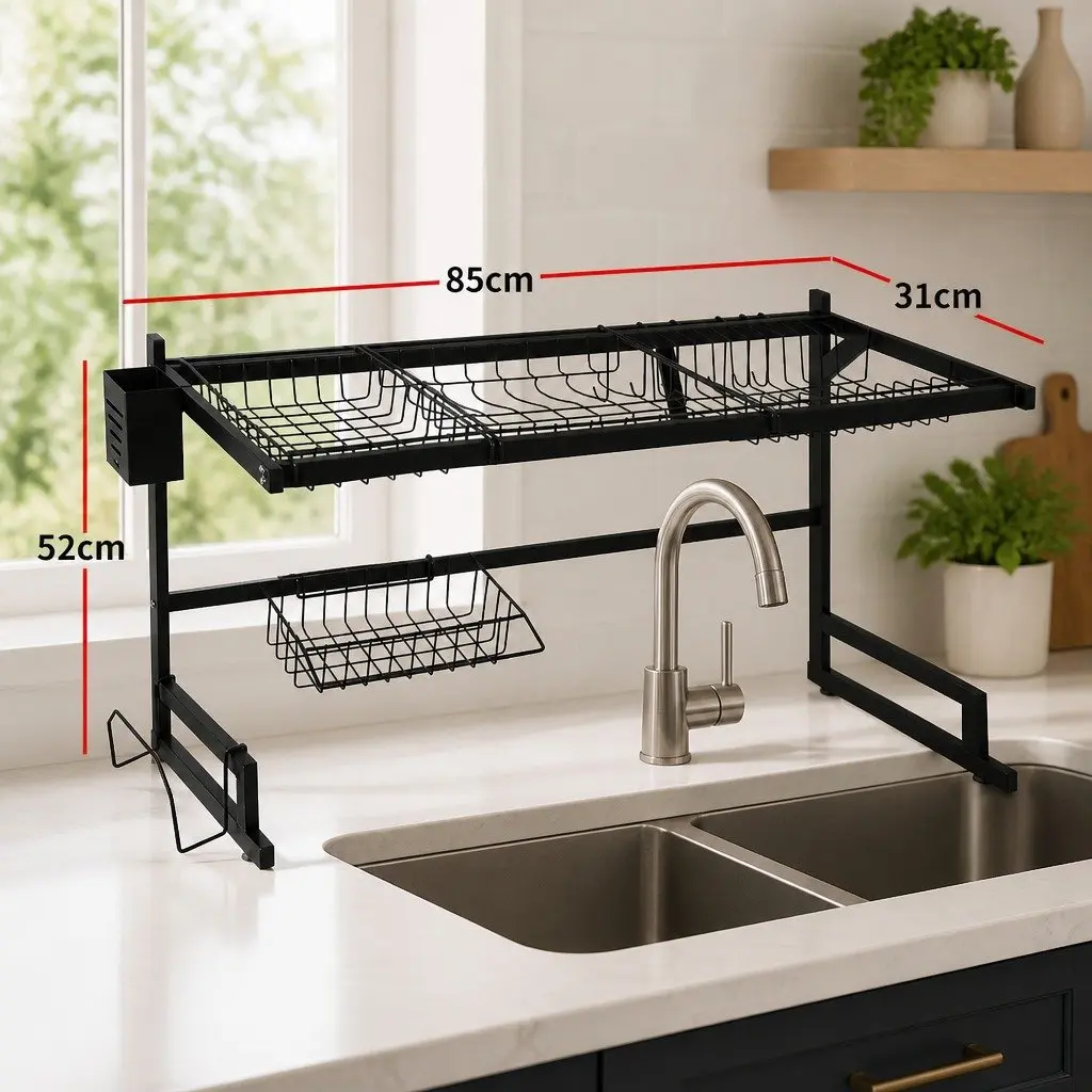 Dish Drying Rack Black 85cm Stainless Steel 2-Tier Kitchen Organizer