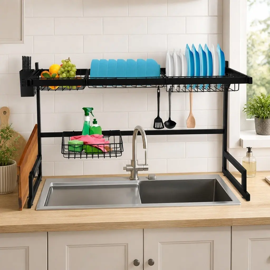 Dish Drying Rack Black 85cm Stainless Steel 2-Tier Kitchen Organizer