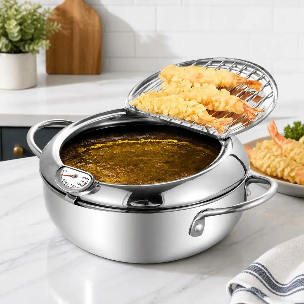 Deep Frying Pan Silver 24cm Stainless Steel with Thermometer and Draining Rack