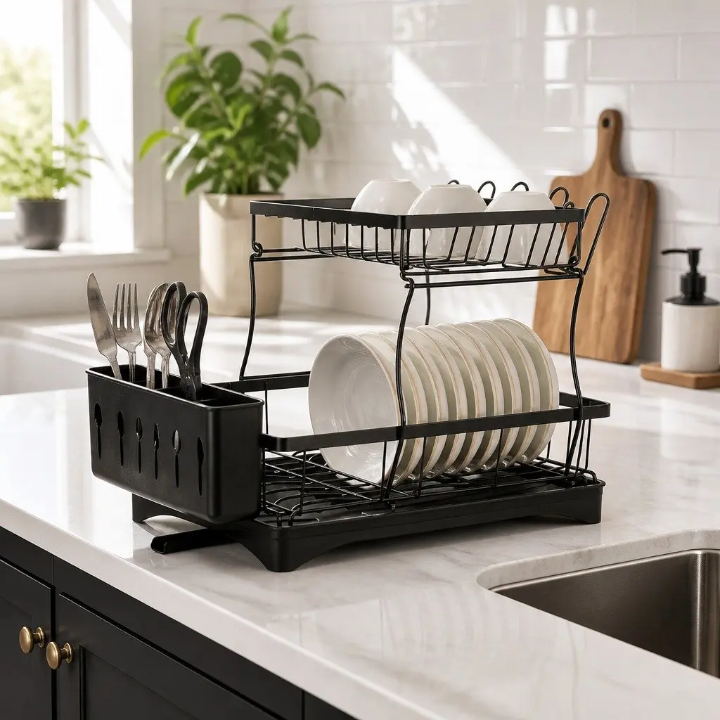 2 Tier Dish Drying Rack Black Large Capacity Removable Sections