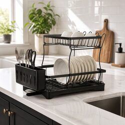 2 Tier Dish Drying Rack with Cutlery Holder Removable Sections Large Capacity