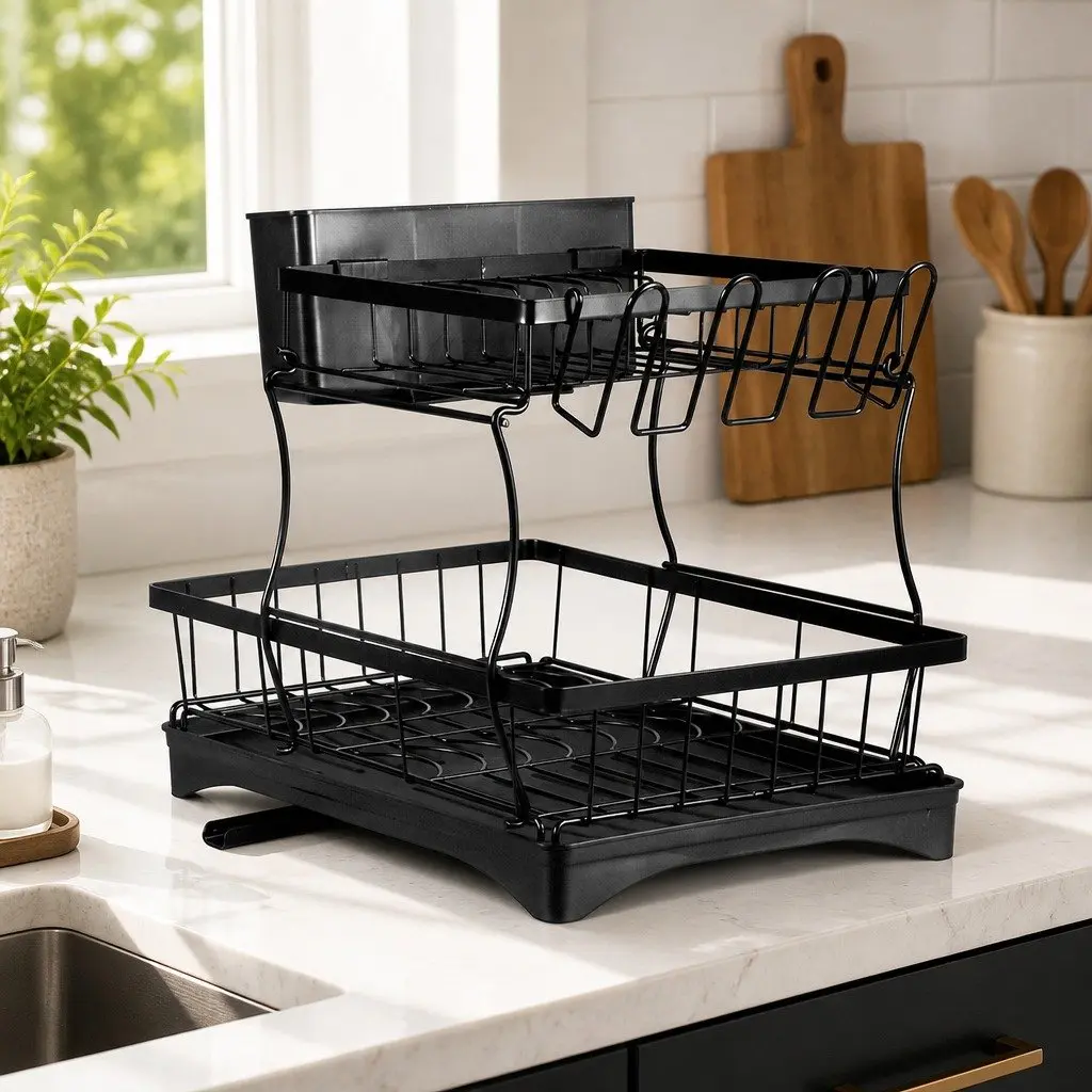 2 Tier Dish Drying Rack Black Large Capacity Removable Sections