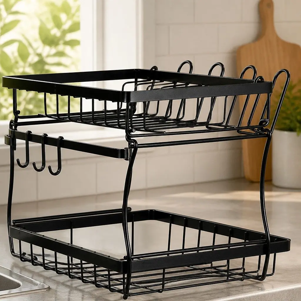 2 Tier Dish Drying Rack Black Large Capacity Removable Sections