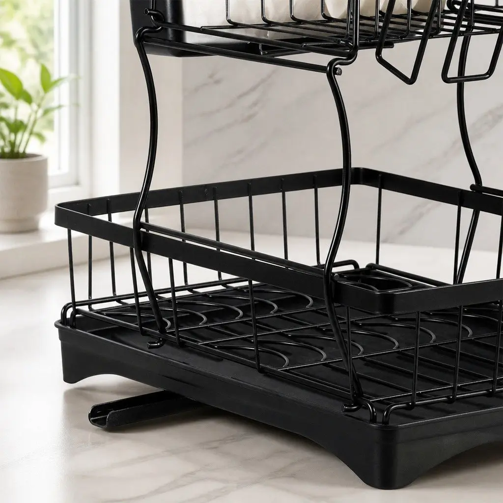 2 Tier Dish Drying Rack Black Large Capacity Removable Sections