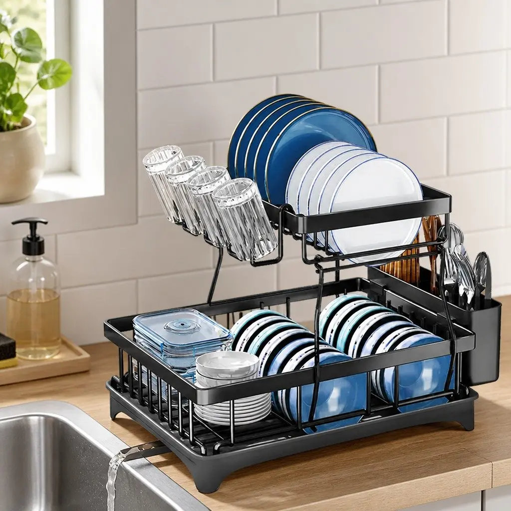 2 Tier Dish Drying Rack Black Large Capacity Removable Sections