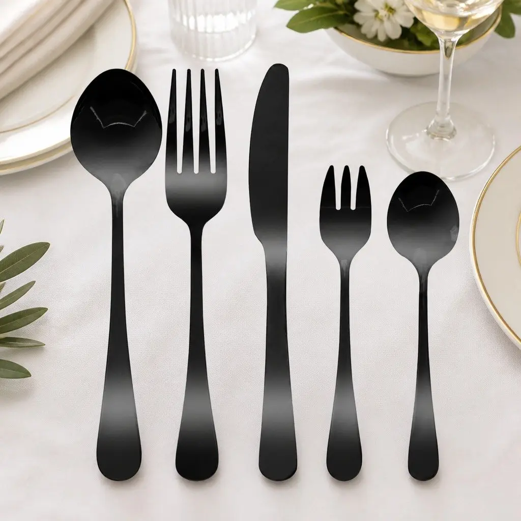 30-Piece Stainless Steel Cutlery Set Black Mirror Polish Dining Flatware Service