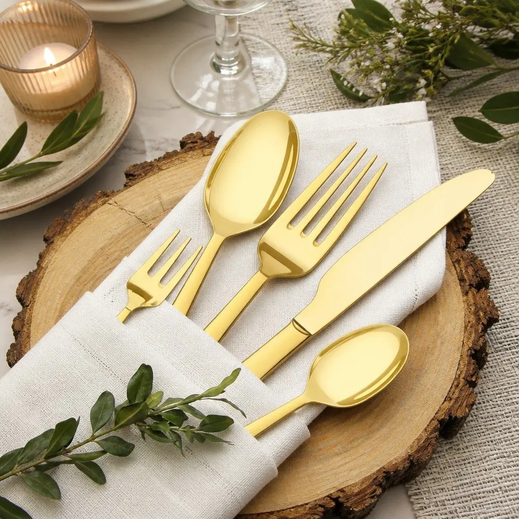 Stainless Steel Cutlery Set Gold 30 Piece Food Grade Mirror Polish Ergonomic Handle