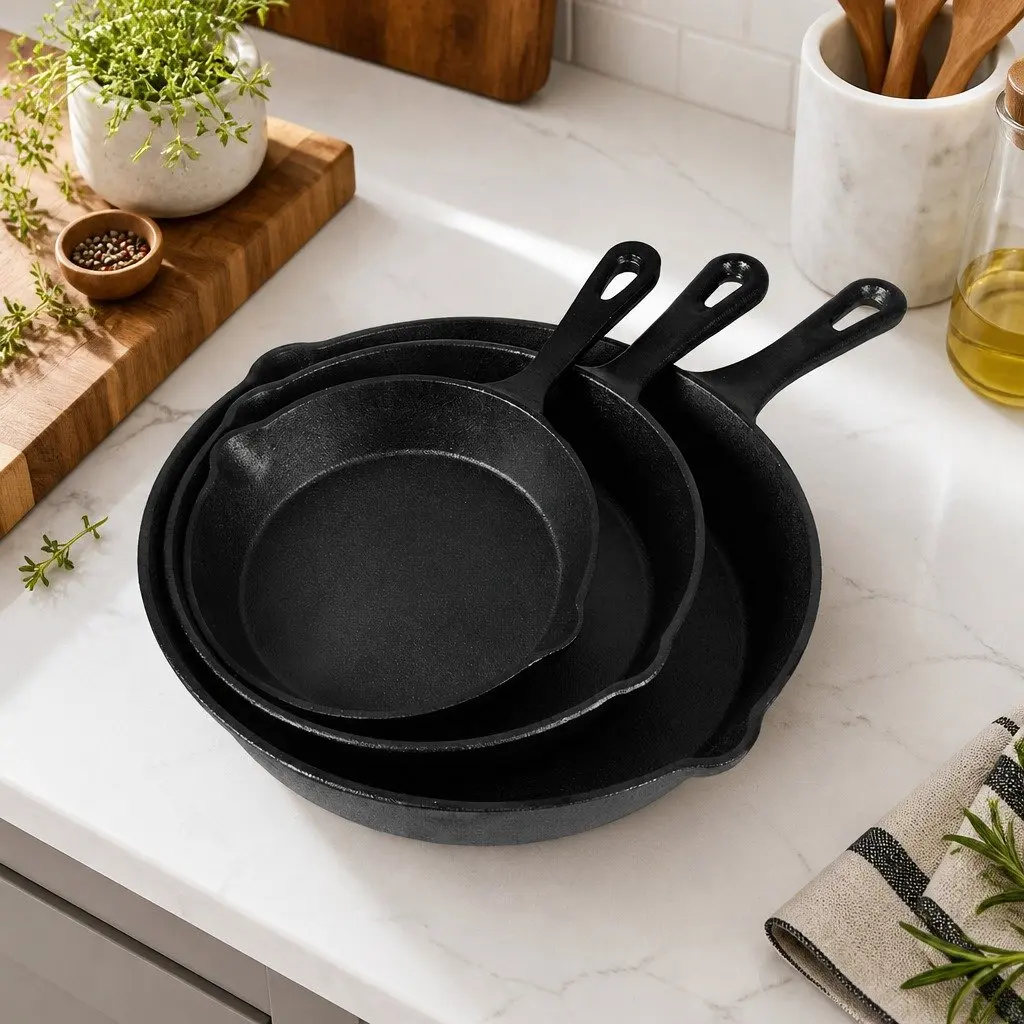 Cast Iron Frying Pan Set Black 3 Piece Non-Stick Cookware All Stovetops
