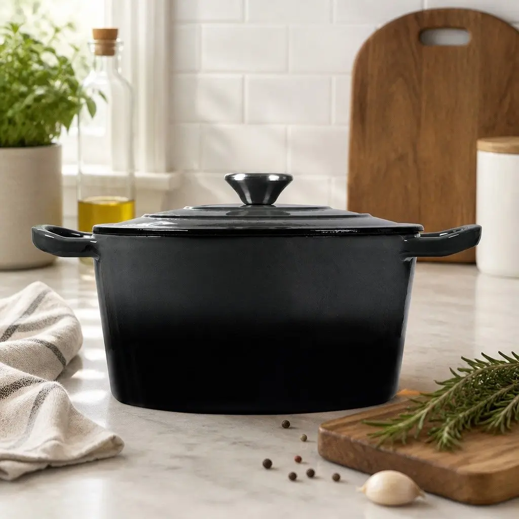 Cast Iron Dutch Oven Black 4L Enamel Coating Stovetop Oven Braising Pot Heavy