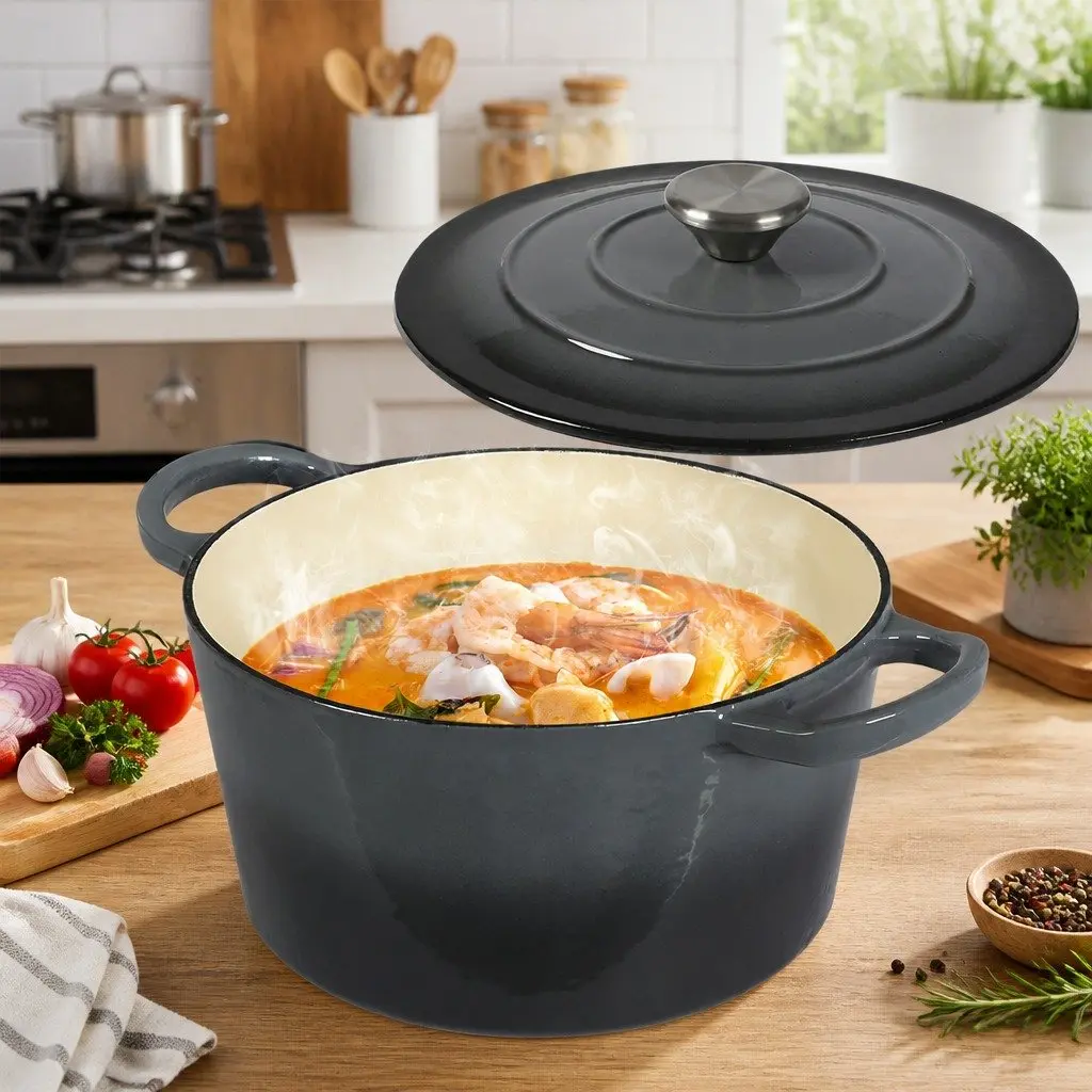 Cast Iron Dutch Oven Black 4L Enamel Coating Stovetop Oven Braising Pot Heavy