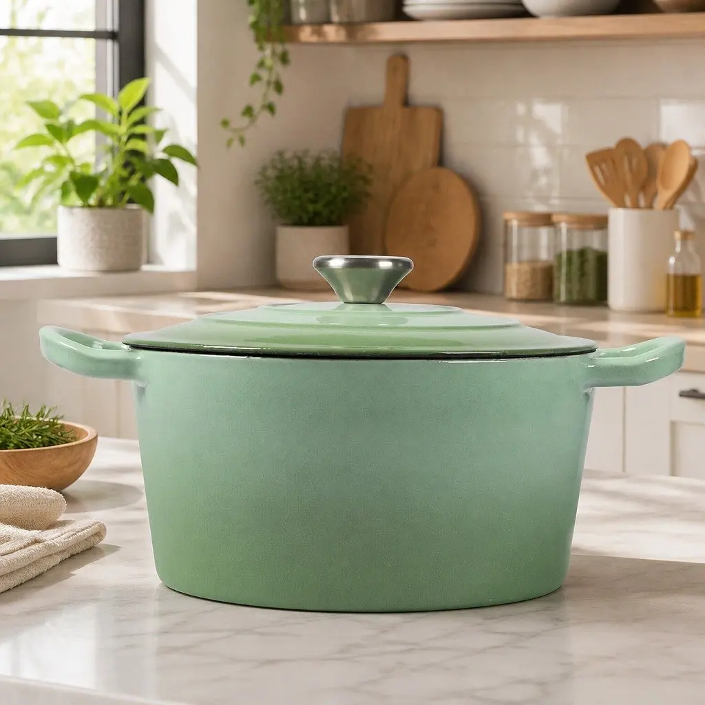 Cast Iron Dutch Oven Pot Green 4L Heavy Duty Non-Stick Enamel Coating