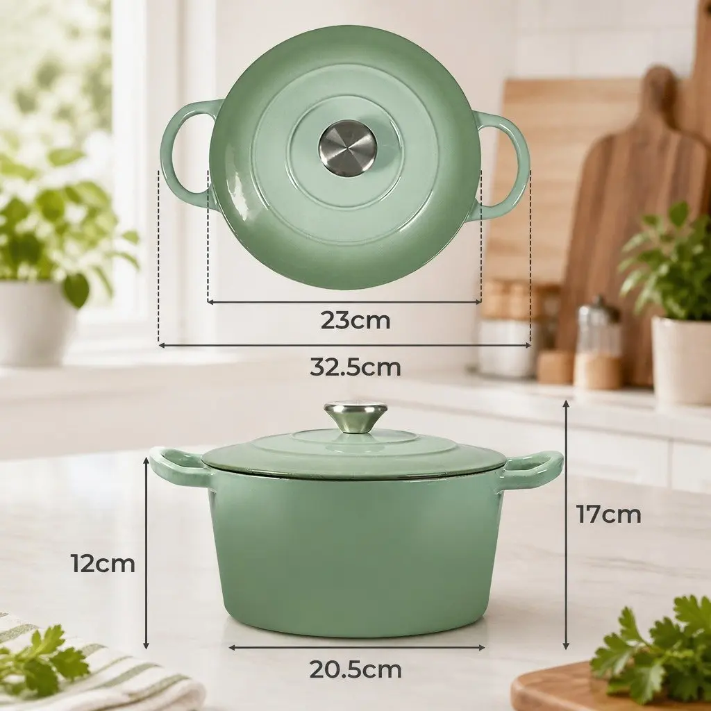 Cast Iron Dutch Oven Pot Green 4L Heavy Duty Non-Stick Enamel Coating