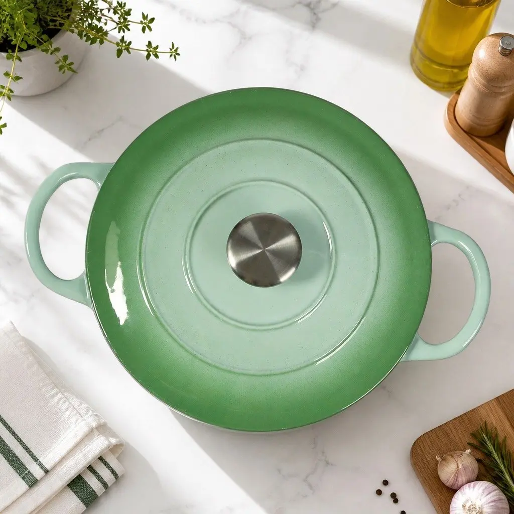 Cast Iron Dutch Oven Pot Green 4L Heavy Duty Non-Stick Enamel Coating