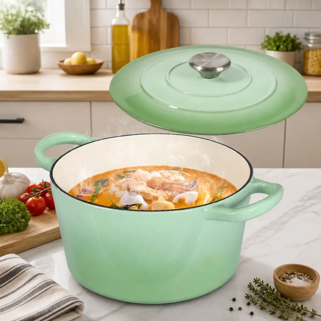 Cast Iron Dutch Oven Pot Green 4L Heavy Duty Non-Stick Enamel Coating