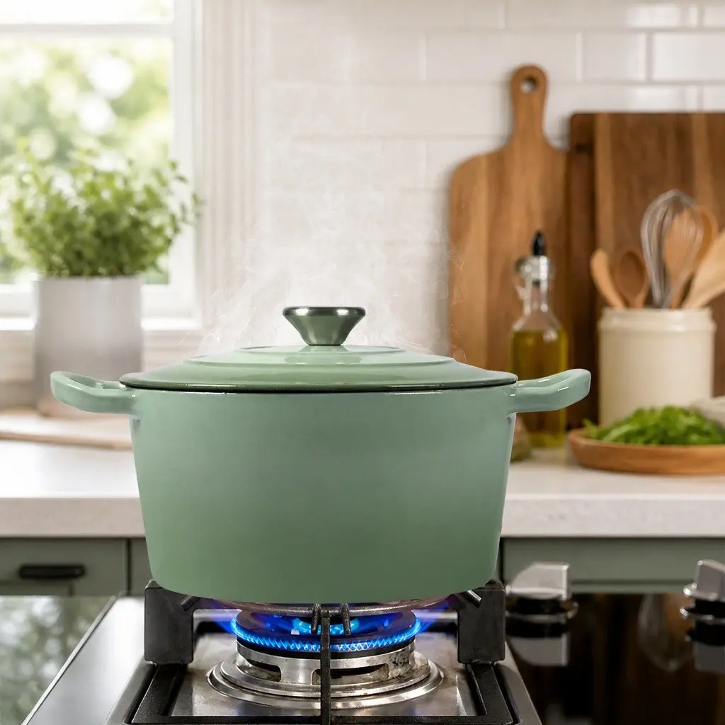 Cast Iron Dutch Oven Pot Green 4L Heavy Duty Non-Stick Enamel Coating
